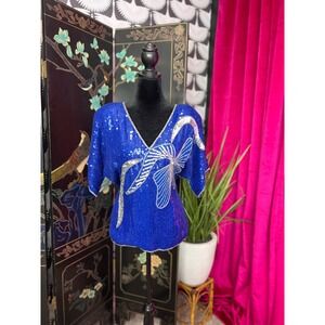 Joseph Le Bon Royal Blue Sequin V Neck Top Size L